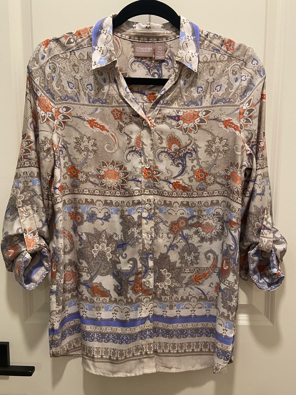 Chico's Women’s  Paisley Button-Down Shirt in Beige with Blue & Orange Accents